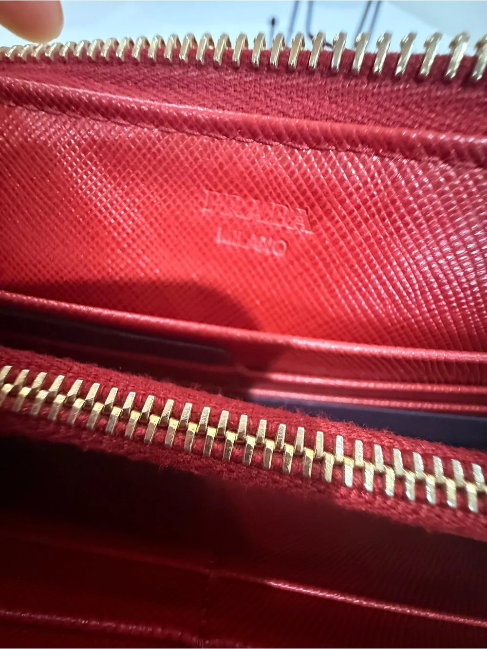 Prada Red Saffiano Zip Card Holder with Gold Logo